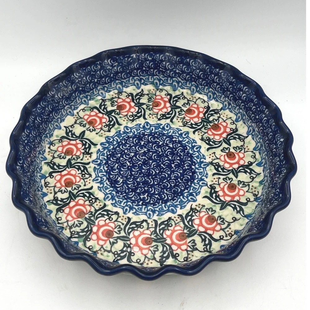 Vtg Polish Pottery Unikat 1383 Fluted Pie Plate Pan Danuta Knapik Ceramika 10